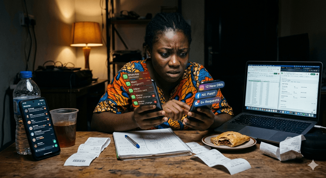 Busy entrepreneur overwhelmed with phone orders and DMs