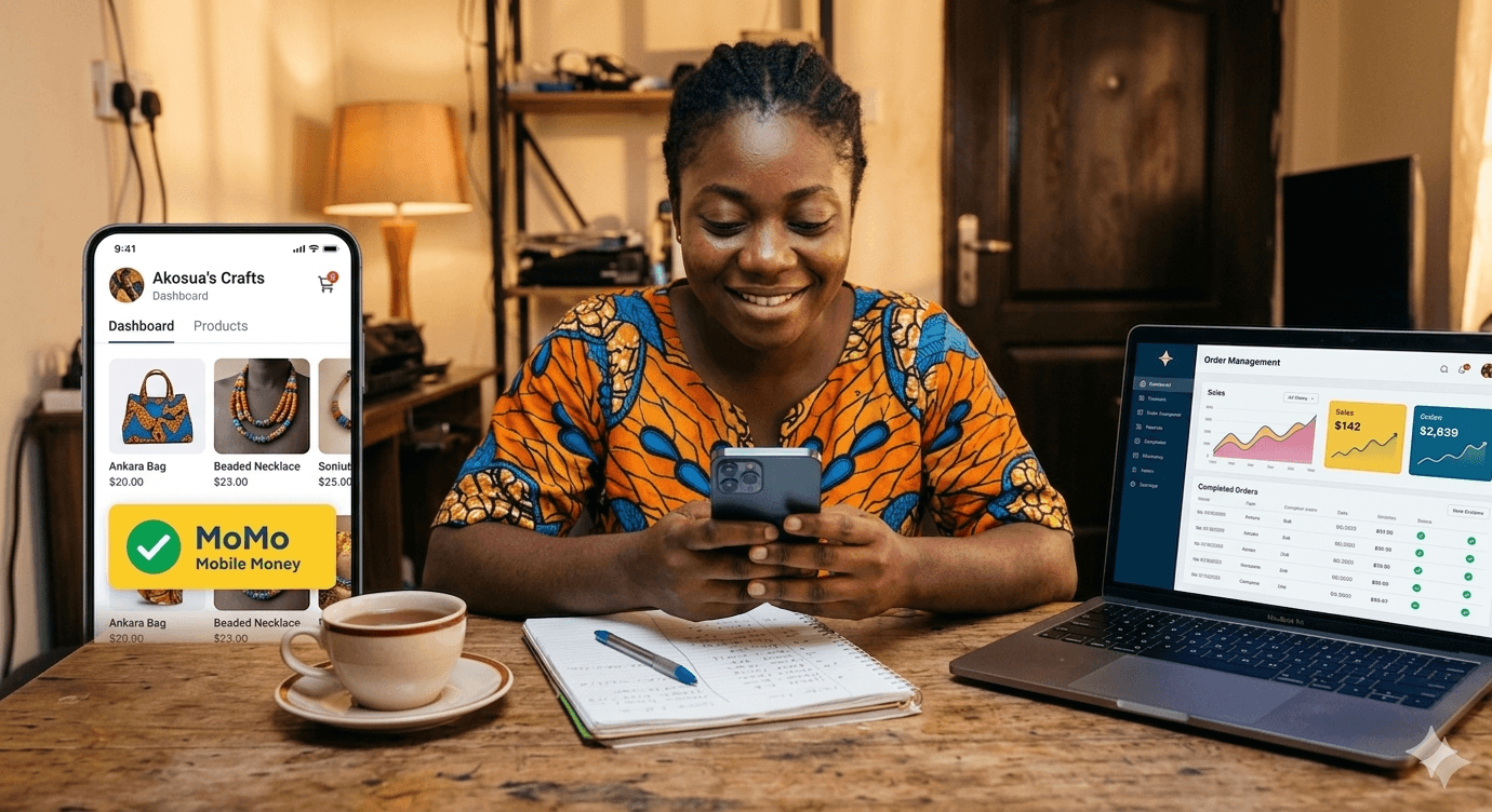 Happy Ghanaian store owner smiling behind their shop counter